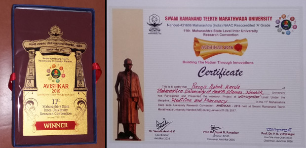 Prerna Karde - Award and Certificate at State Level Research Convention - Avishkar