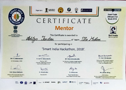Aditya Tandon Mentor Certificate Smart India Hackathon 2018