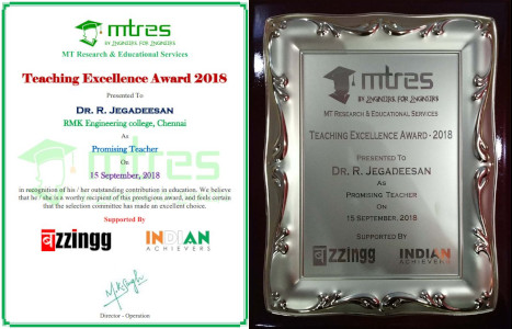 Dr R Jegadeesan - MTRES Teaching Excellence Award 2018