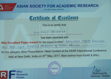 Dr Shefali Raizada - IRAJ Best Paper Certificate