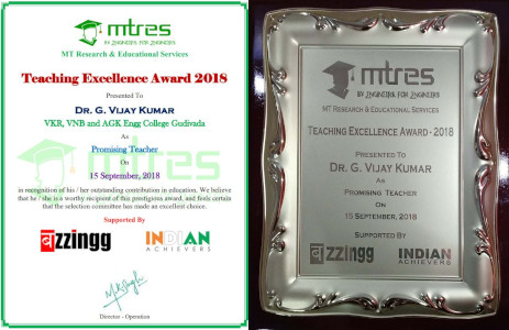 Dr G Vijay Kumar - MTRES Teaching Excellence Award 2018