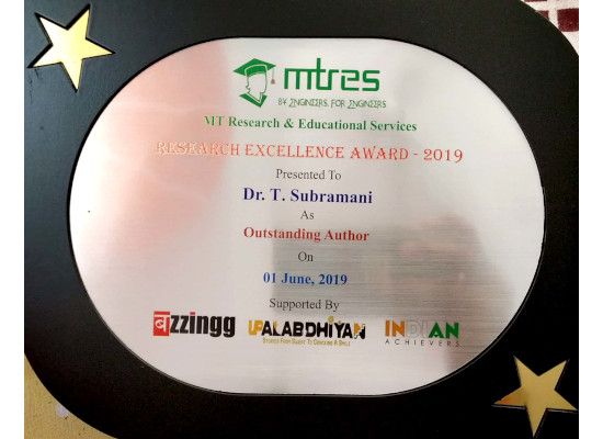 Dr T Subramani - MTRES Research Excellence Award 2019 Memento