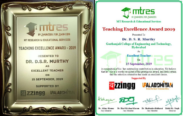 Dr D S R Chandra Murthy - MTRES TEA 2019 - Certificate and Memento