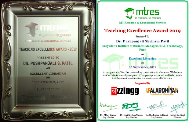 Dr Pushpanjali Patil - MTRES TEA 2019 - Certificate and Memento