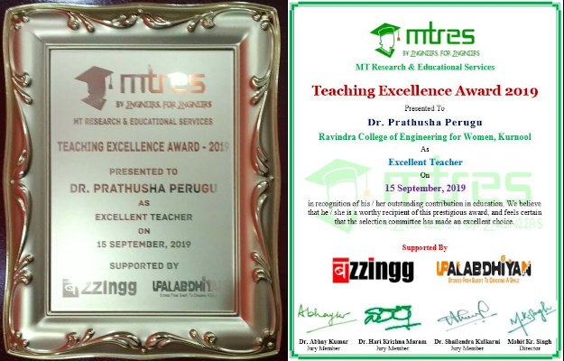 Dr Prathusha Perugu - MTRES TEA 2019 - Certificate and Memento