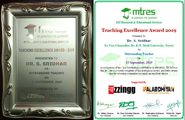 Dr S Sridhar - MTRES TEA 2019 - Certificate and Memento