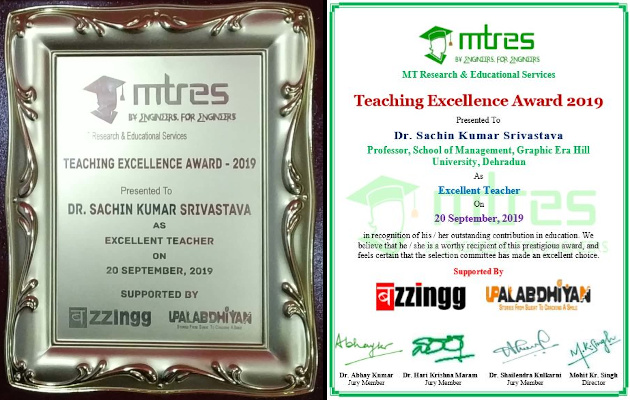 Dr Sachin Kumar Srivastava - MTRES TEA 2019 - Certificate and Memento
